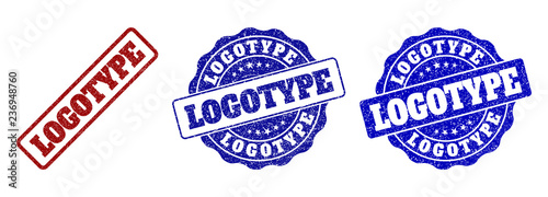 LOGOTYPE grunge stamp seals in red and blue colors. Vector LOGOTYPE signs with grunge texture. Graphic elements are rounded rectangles, rosettes, circles and text captions.