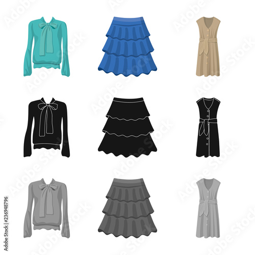 Vector illustration of woman and clothing icon. Collection of woman and wear vector icon for stock.