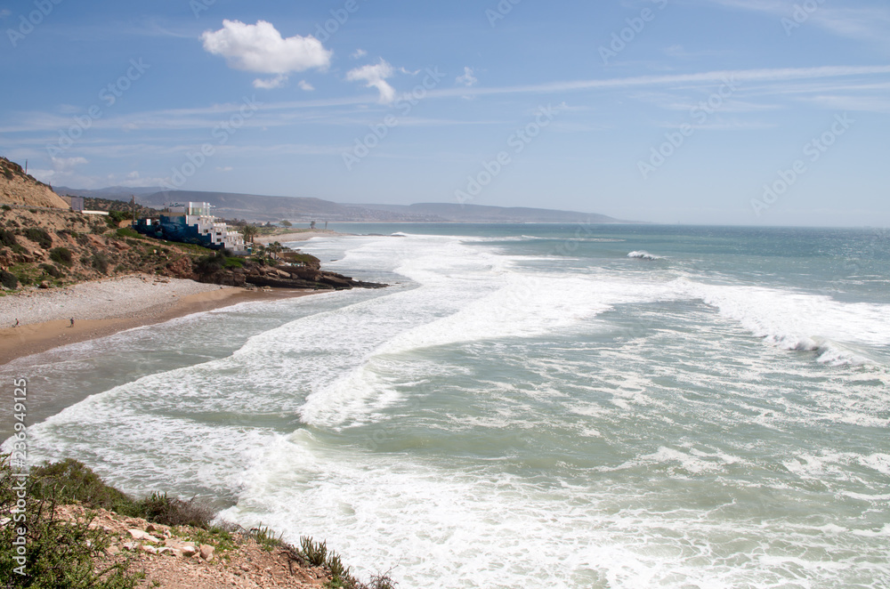View towards Anchor Point from Killer Point (both surf spots), Taghazout, Morocco. View towards Anchor Point from Killer Point (both surf spots), Taghazout, Morocco.