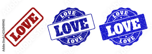 LOVE grunge stamp seals in red and blue colors. Vector LOVE watermarks with grunge surface. Graphic elements are rounded rectangles, rosettes, circles and text titles.