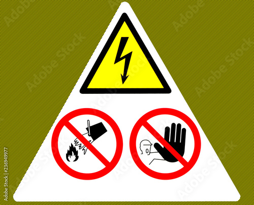 Danger electricity warning sign. Don't touch, don't throw water, no trepassing. photo