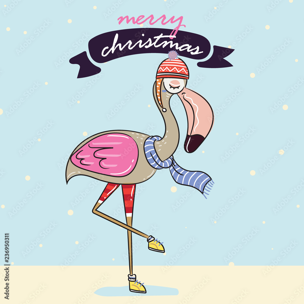 Fototapeta premium flamingo in winter warm sweater and winter greeting card