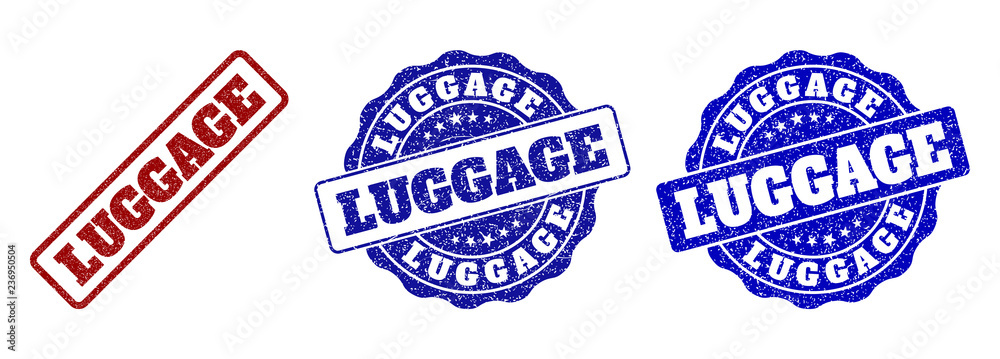 LUGGAGE grunge stamp seals in red and blue colors. Vector LUGGAGE overlays with grunge texture. Graphic elements are rounded rectangles, rosettes, circles and text titles. LUGGAGE grunge stamp seals in red and blue colors. Vector LUGGAGE overlays with grunge texture. Graphic elements are rounded rectangles, rosettes, circles and text titles.