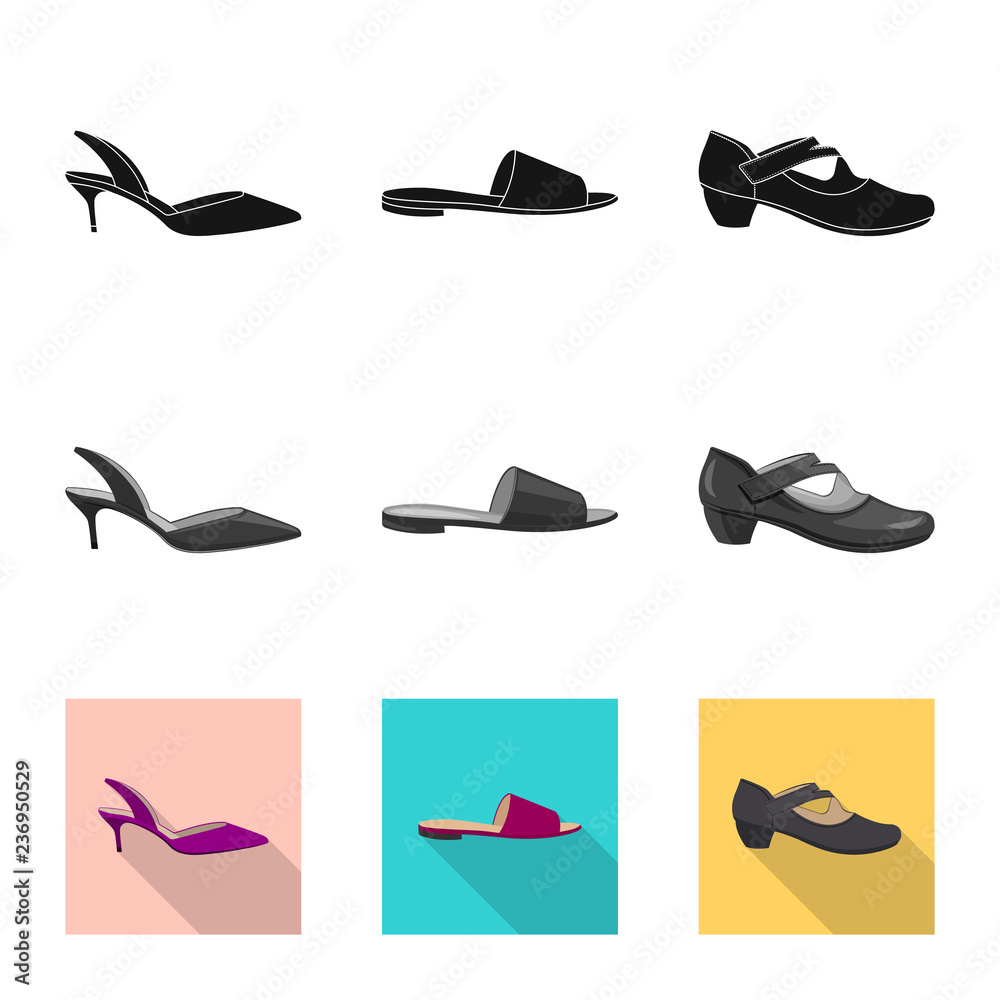 Vector illustration of footwear and woman sign. Set of footwear and foot stock vector illustration.