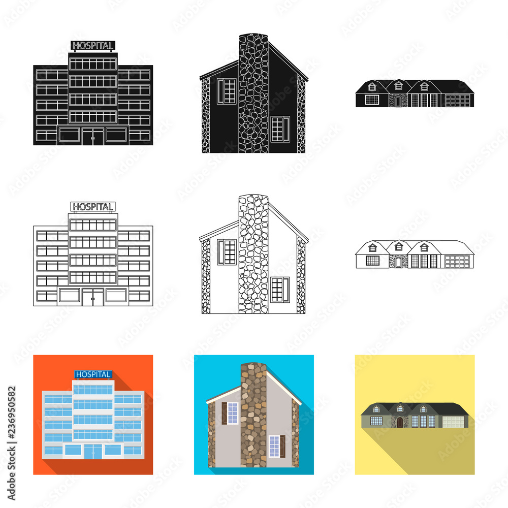 Vector design of building and front sign. Collection of building and roof stock symbol for web.