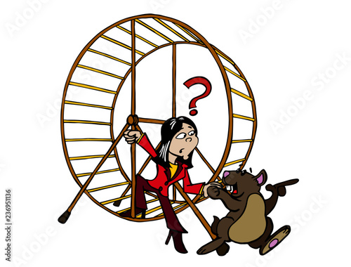 Woman getting out of the hamster wheel or comfort zone