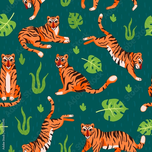 Fototapeta Naklejka Na Ścianę i Meble -  Seamless pattern with tigers in different poses and tropical plants. Vector illustration for textile, Wallpaper, packaging or other.