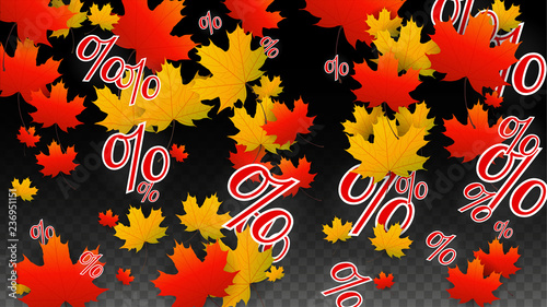 Vector Percentage Sign and Autumn Leaves Confetti on Transparent Background. Percent Sale Background. Business, Economics, Finance Print. Discount Illustration. Promotion poster. Black Friday Banner. 