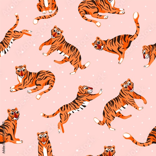 Fototapeta Naklejka Na Ścianę i Meble -  Seamless pattern with tigers in different poses. Vector illustration for textile, Wallpaper, packaging or other.