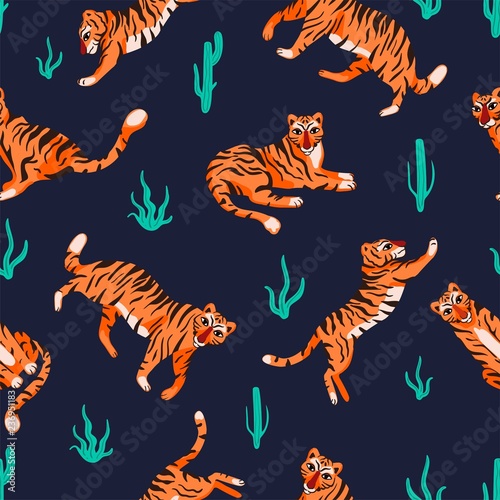 Fototapeta Naklejka Na Ścianę i Meble -  Seamless pattern with tigers in different poses and tropical plants. Vector illustration for textile, Wallpaper, packaging or other.