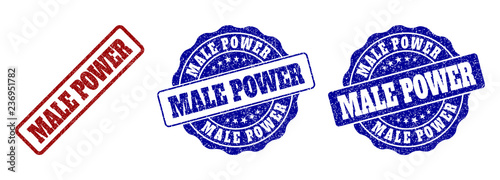 MALE POWER grunge stamp seals in red and blue colors. Vector MALE POWER overlays with grunge texture. Graphic elements are rounded rectangles, rosettes, circles and text titles.