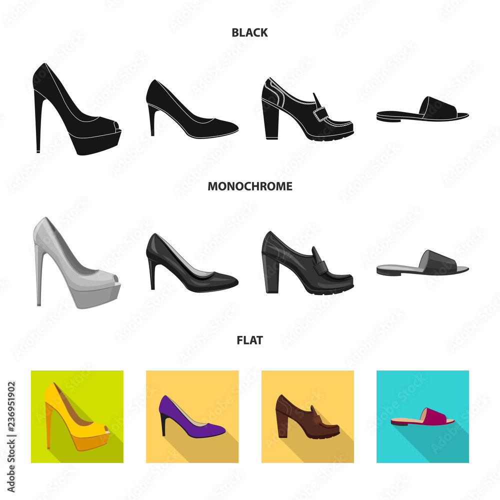 Vector illustration of footwear and woman sign. Collection of footwear and foot stock symbol for web.