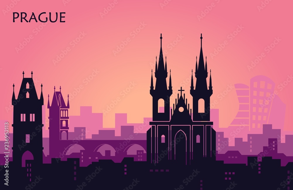 Landscape of Prague with sights. Abstract skyline