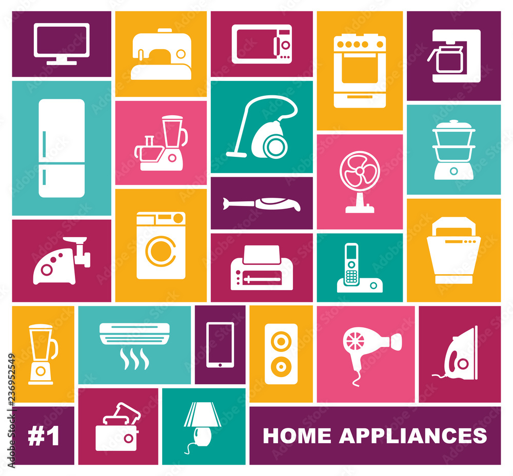 Home appliances icons in flat style. Vector illustration
