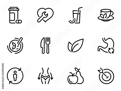 Set of black vector icons, isolated against white background. Illustration on a theme Detoxification