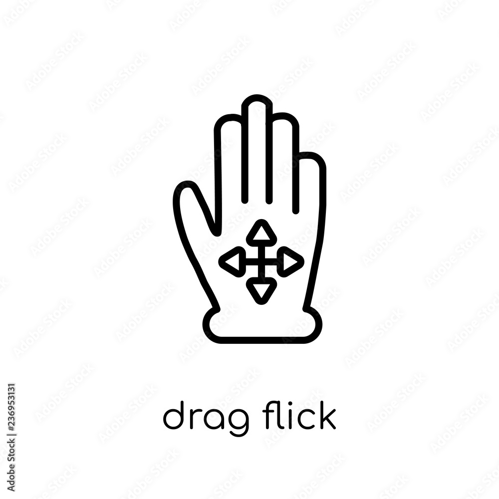 Drag Flick icon. Trendy modern flat linear vector Drag Flick icon on white background from thin line Hands and guestures collection Drag Flick icon. Trendy modern flat linear vector Drag Flick icon on white background from thin line Hands and guestures collection