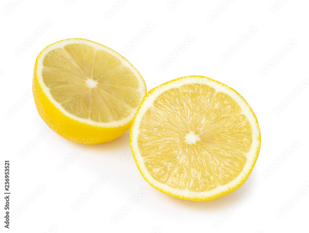 Closeup fresh lemon fruit slice on white background, food and healthy concept Closeup fresh lemon fruit slice on white background, food and healthy concept
