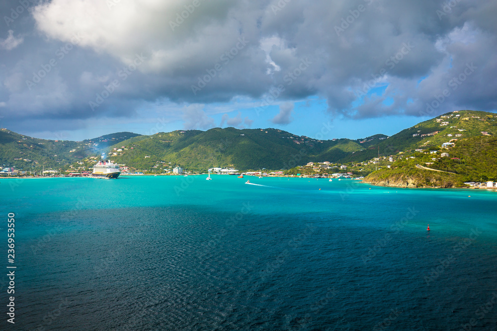 Fototapeta premium Coastline along a Road Town in Tortola. Caribbean sea