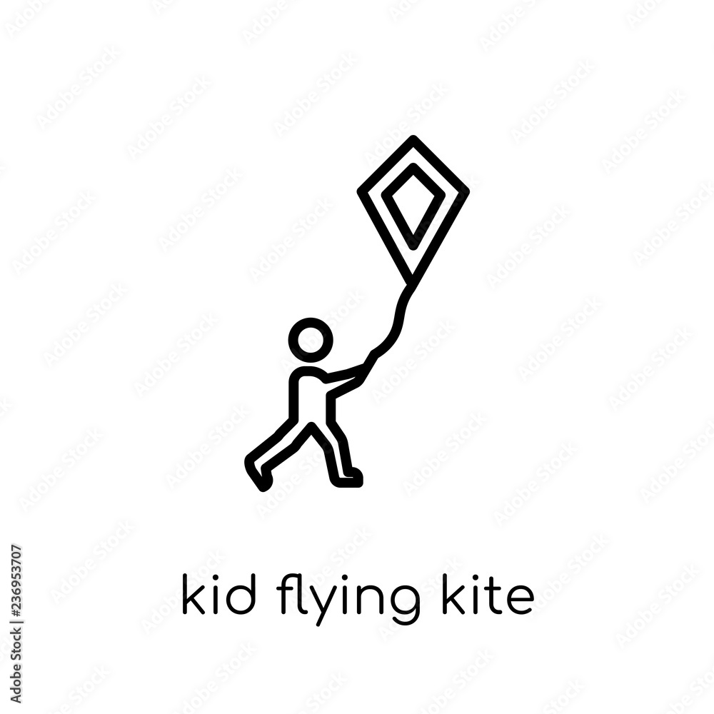 kid flying kite icon. Trendy modern flat linear vector kid flying kite icon on white background from thin line People collection kid flying kite icon. Trendy modern flat linear vector kid flying kite icon on white background from thin line People collection
