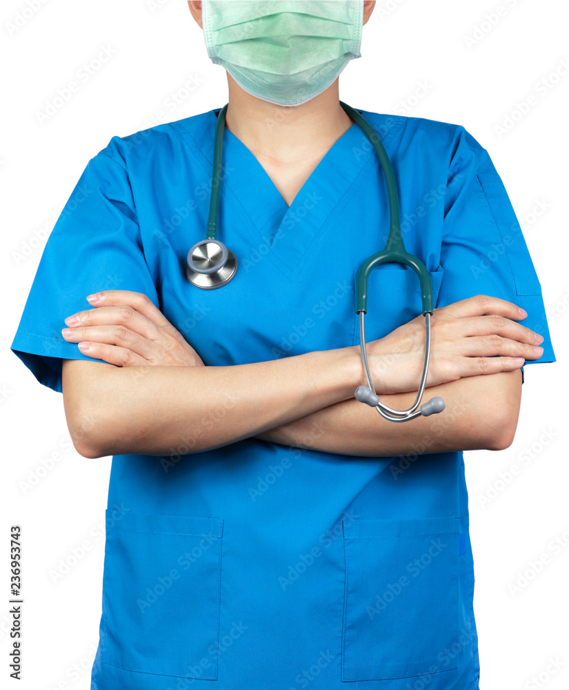 Surgeon doctor wear blue scrubs shirt uniform and green face mask. Physician stand with arms crossed and hand holding stethoscope. Healthcare professional. Surgeon doctor stand with confidence. Trust. Surgeon doctor wear blue scrubs shirt uniform and green face mask. Physician stand with arms crossed and hand holding stethoscope. Healthcare professional. Surgeon doctor stand with confidence. Trust.