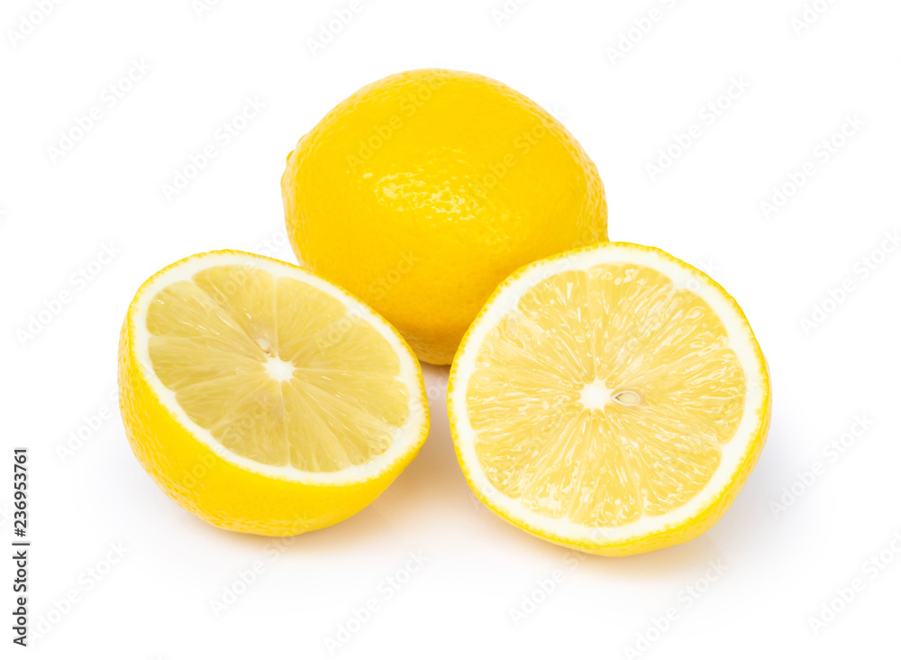 Closeup fresh lemon fruit slice on white background, food and healthy concept Closeup fresh lemon fruit slice on white background, food and healthy concept