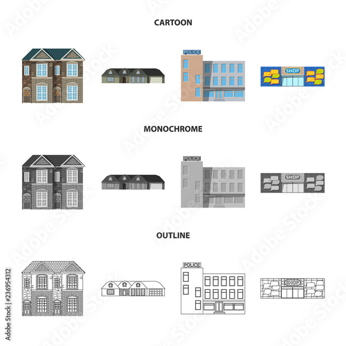 Vector illustration of building and front sign. Collection of building and roof stock symbol for web.