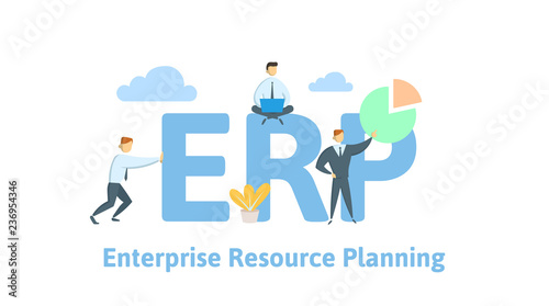 ERP, enterprise resource planning. Productivity and improvement. Concept table with people, letters and icons. Colored flat vector illustration on white background.