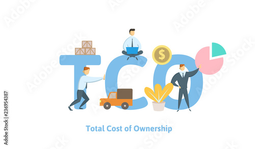 TCO, Total Cost of Ownership. Concept with keywords, letters and icons. Colored flat vector illustration on white background.