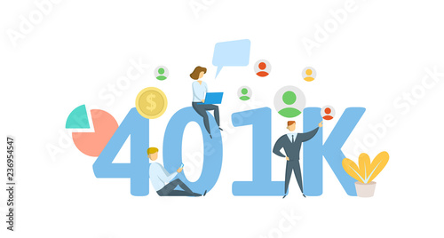 401K pension account, retirement. Acronym with characters, letters and text. Colored flat vector illustration on white background.