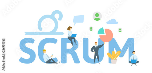 SCRUM framework. Concept with keywords, letters and icons. Colored flat vector illustration on white background.