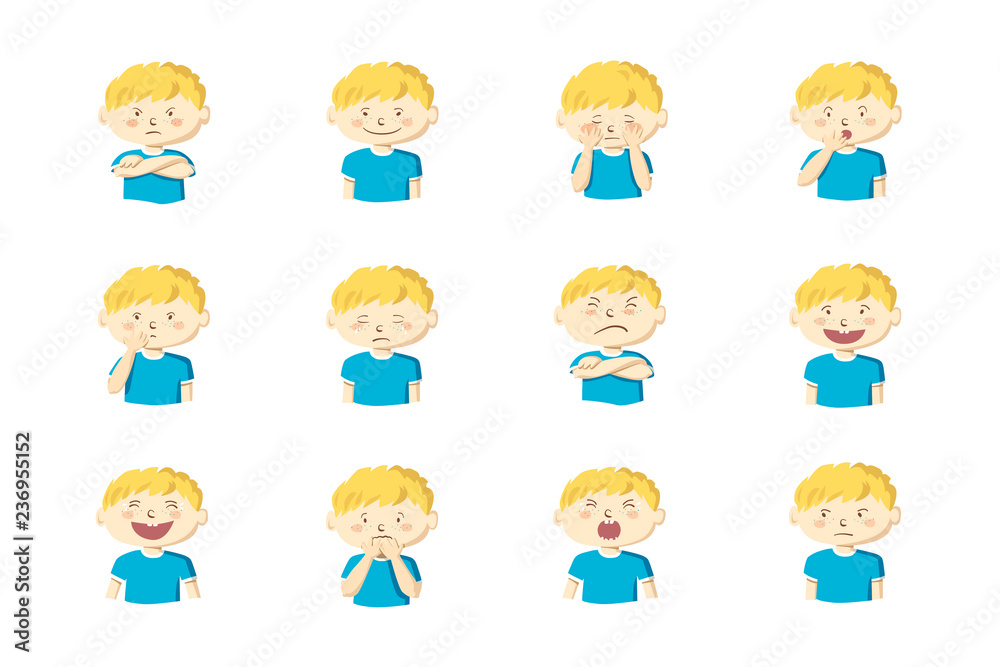 Collection of 12 illustrations of little boy showing different emotions