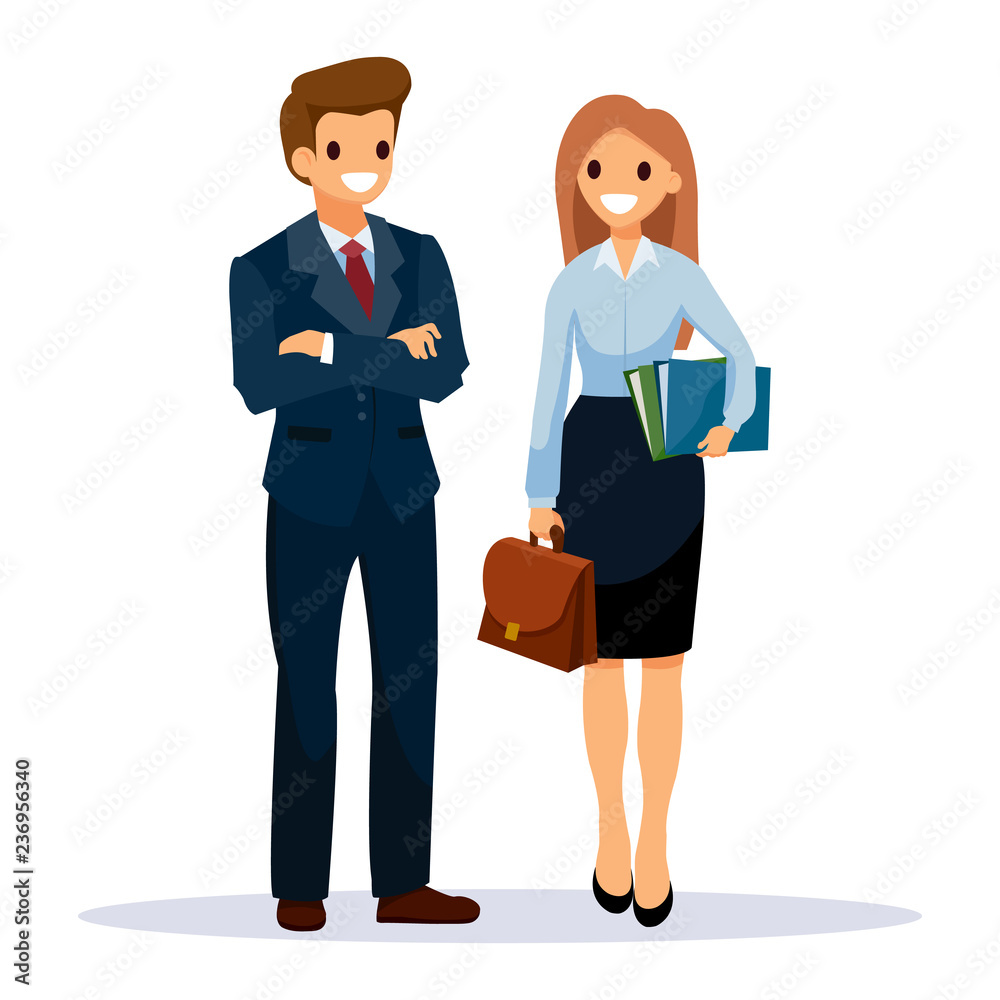 Man in black suit and woman hold folders with documents and work bag in her hands. Business People teamwork, Vector illustration cartoon character. Man in black suit and woman hold folders with documents and work bag in her hands. Business People teamwork, Vector illustration cartoon character.