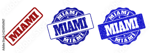 MIAMI scratched stamp seals in red and blue colors. Vector MIAMI marks with dirty effect. Graphic elements are rounded rectangles, rosettes, circles and text titles.
