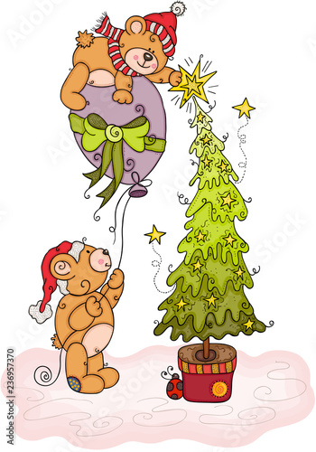 Teddy bear putting star on Christmas tree
