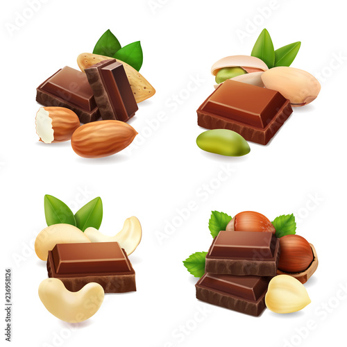 Dark chocolate with nuts realistic set isolated vector illustration