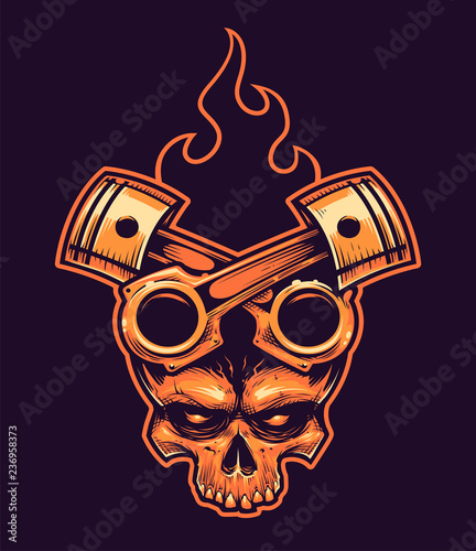 Vector Skull with Crossed Pistons and Fire