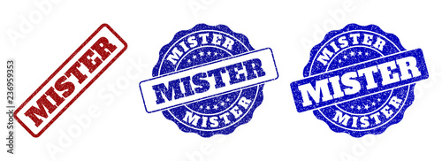 MISTER grunge stamp seals in red and blue colors. Vector MISTER labels with grunge effect. Graphic elements are rounded rectangles, rosettes, circles and text captions.