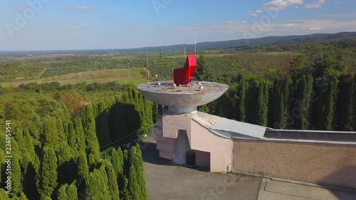 Closeup of torch with fire in hand of monument Sosruko in Nalchik, Russia photo