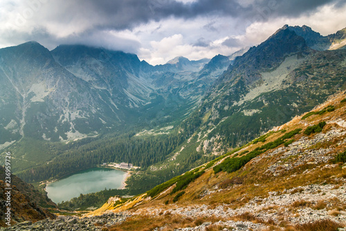 View from the mountain saddle Ostrva on The Popradske pleso lake in High Tatras National Park, Slovakia, Europe. © Viliam