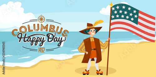 Columbus Day poster with Columb and Santa Maria card text logo design template,