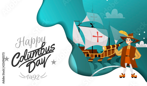 Columbus Day poster with Columb and Santa Maria card text logo design template,