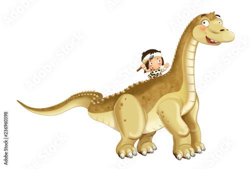 cartoon happy scene with caveman man on diplodocus on white background - illustration for children © honeyflavour