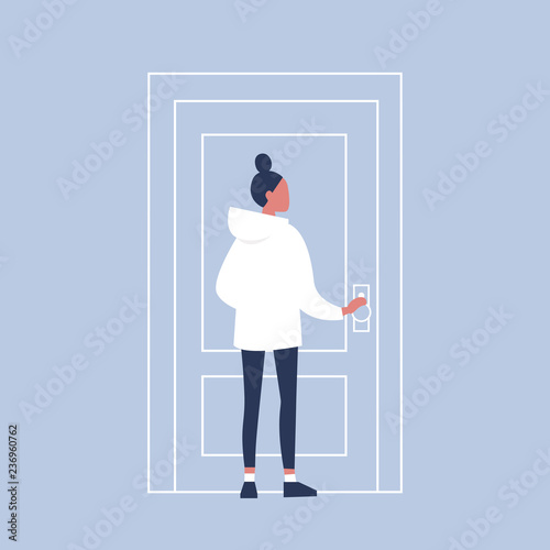 Young female character holding a door knob. Entering the building. Flat editable vector illustration, clip art