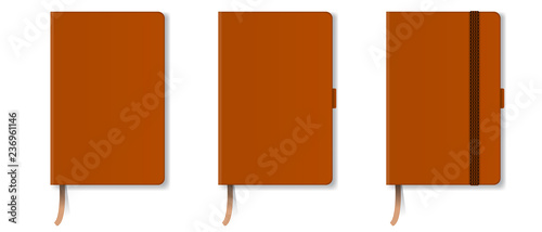 Orange realistic hard cover notebook with red bookmark and ribbon. Vector illustration.