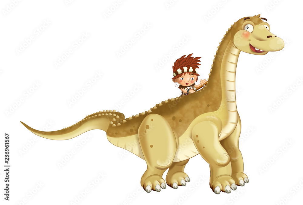 cartoon happy scene with caveman man on diplodocus on white background - illustration for children cartoon happy scene with caveman man on diplodocus on white background - illustration for children