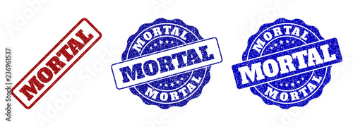 MORTAL grunge stamp seals in red and blue colors. Vector MORTAL imprints with grunge surface. Graphic elements are rounded rectangles, rosettes, circles and text titles.
