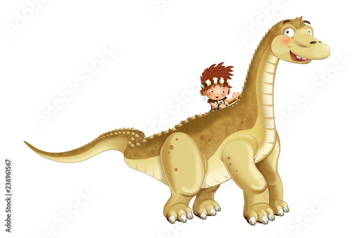 cartoon happy scene with caveman man on diplodocus on white background - illustration for children © honeyflavour