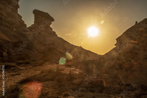 Beautiful sunset in the canyons of the Namibe Desert. Africa. Angola.