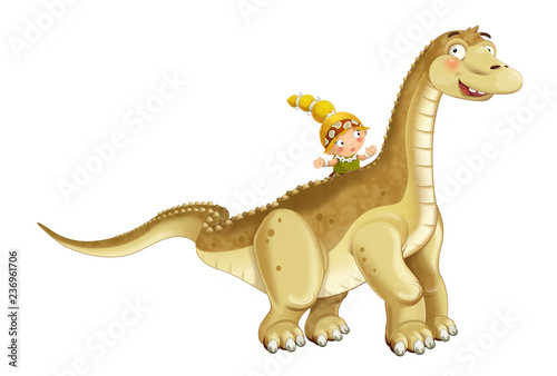 cartoon happy scene with caveman woman on diplodocus on white background - illustration for children