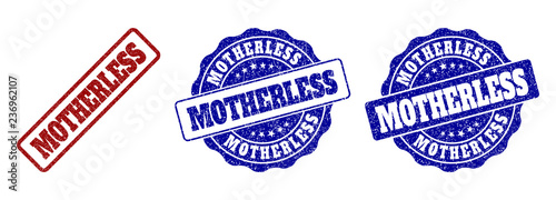 MOTHERLESS scratched stamp seals in red and blue colors. Vector MOTHERLESS watermarks with distress effect. Graphic elements are rounded rectangles, rosettes, circles and text tags.